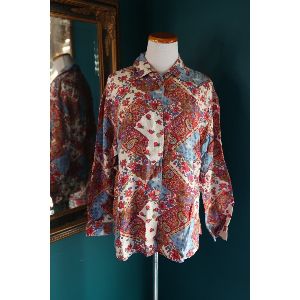 Vintage LizWear Button Up Shirt Colorful Paisley Patchwork Mixed Media Cottage M